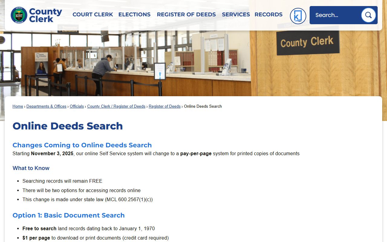Kent County online deeds search portal showing records from 1874 to present