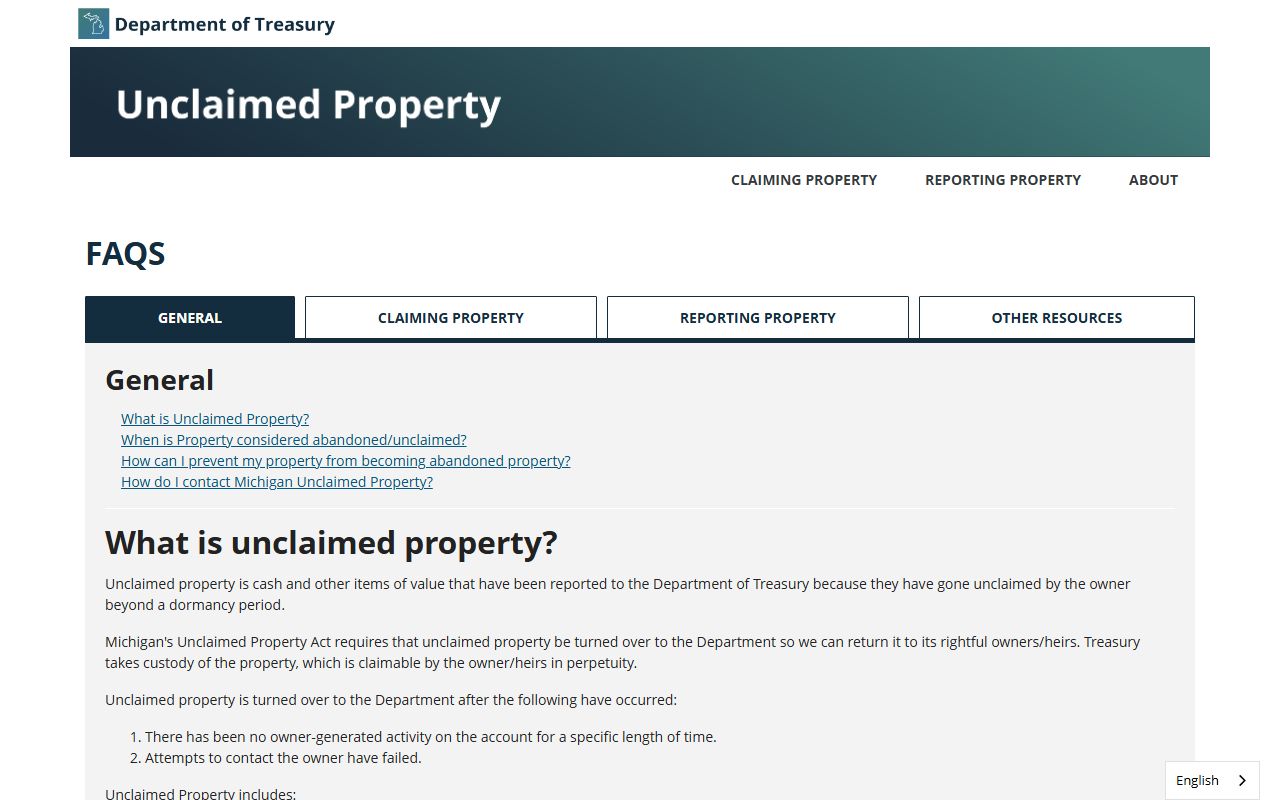 Michigan Unclaimed Property FAQ page covering eligibility and claim procedures