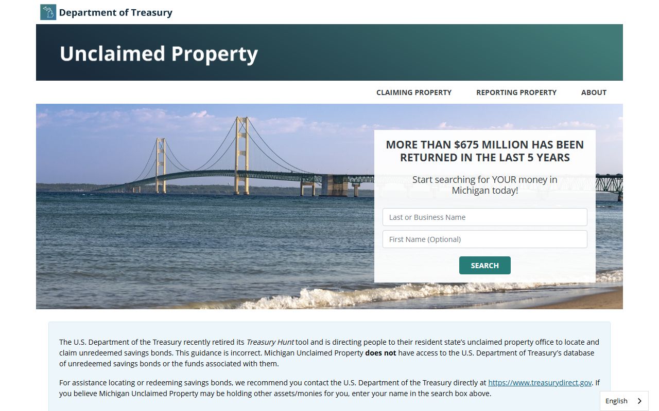 Michigan Unclaimed Property portal for searching and claiming forgotten assets