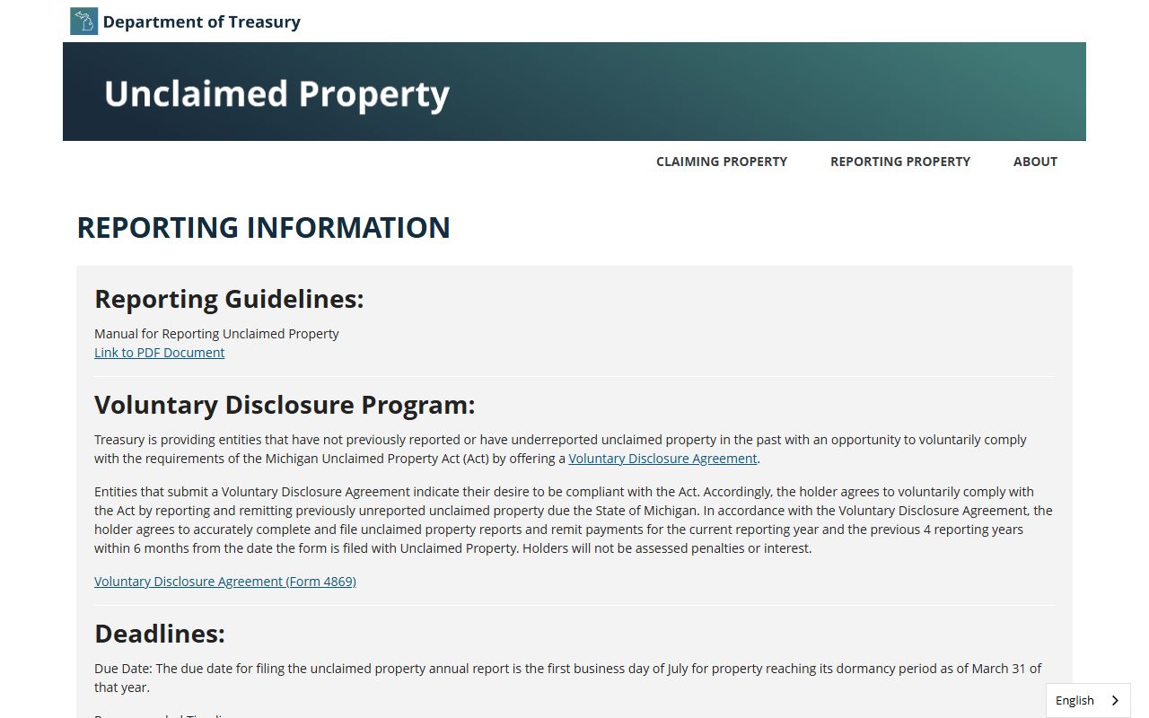 Michigan Unclaimed Property reporting guidelines for businesses holding dormant accounts